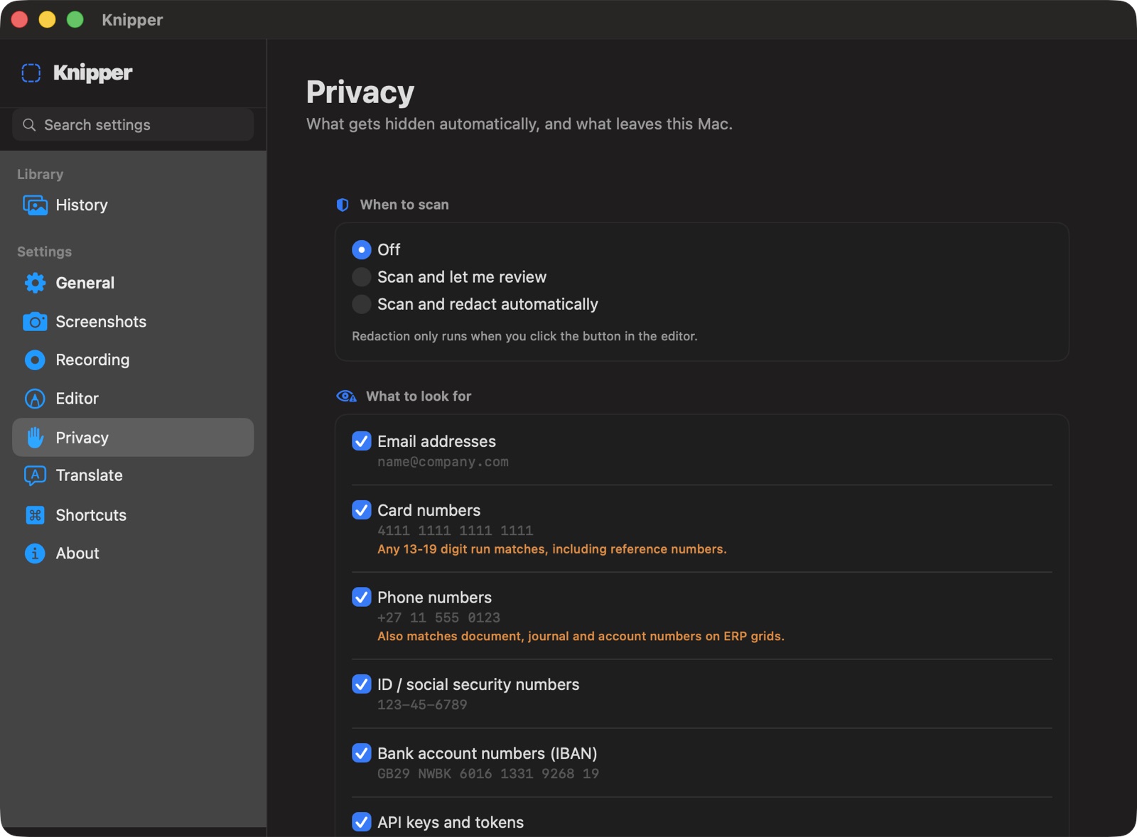 Knipper's Privacy settings listing the categories it scans for before you share