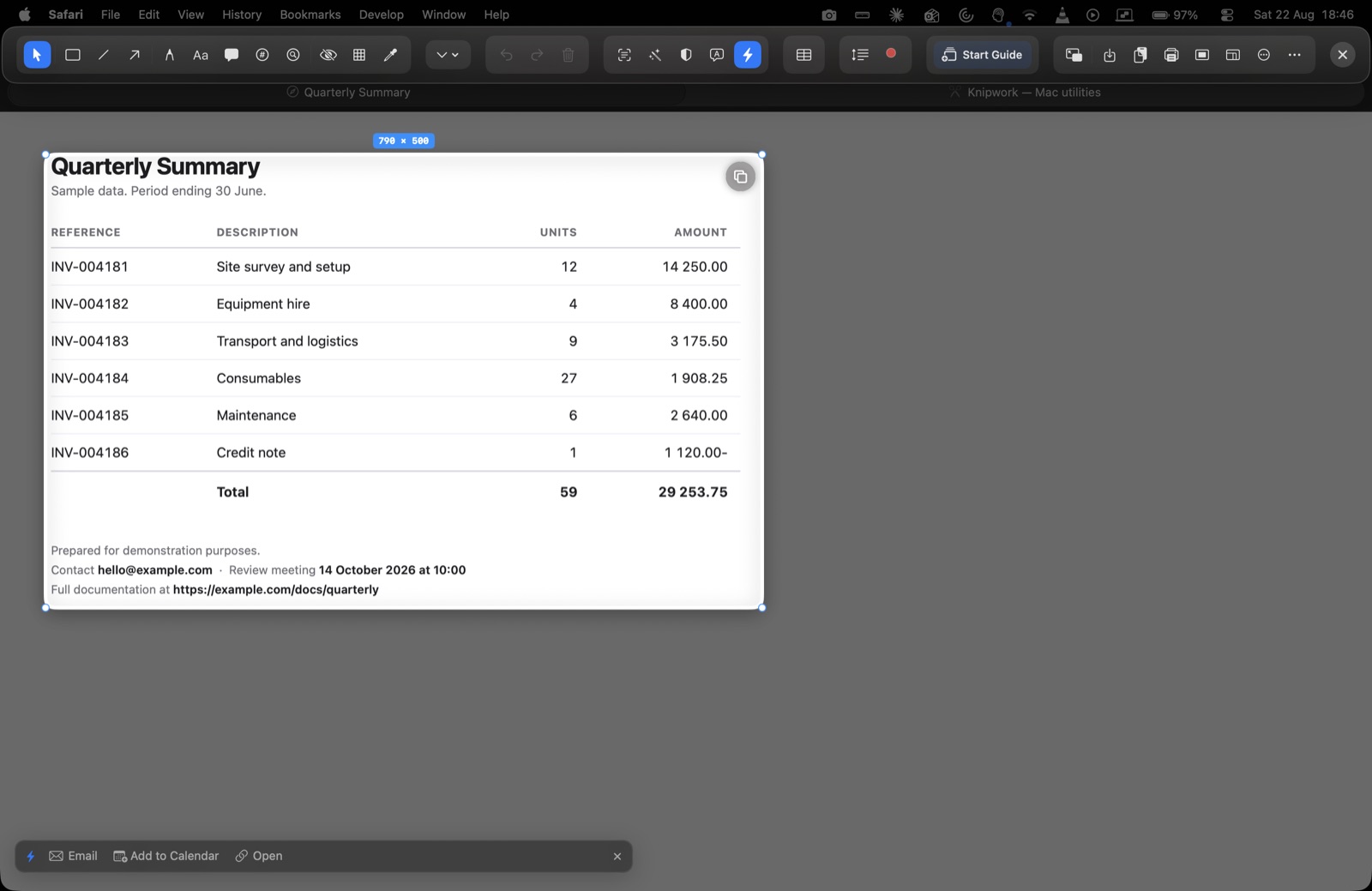 Knipper offering Email, Add to Calendar and Open for the contact details it found in a screenshot