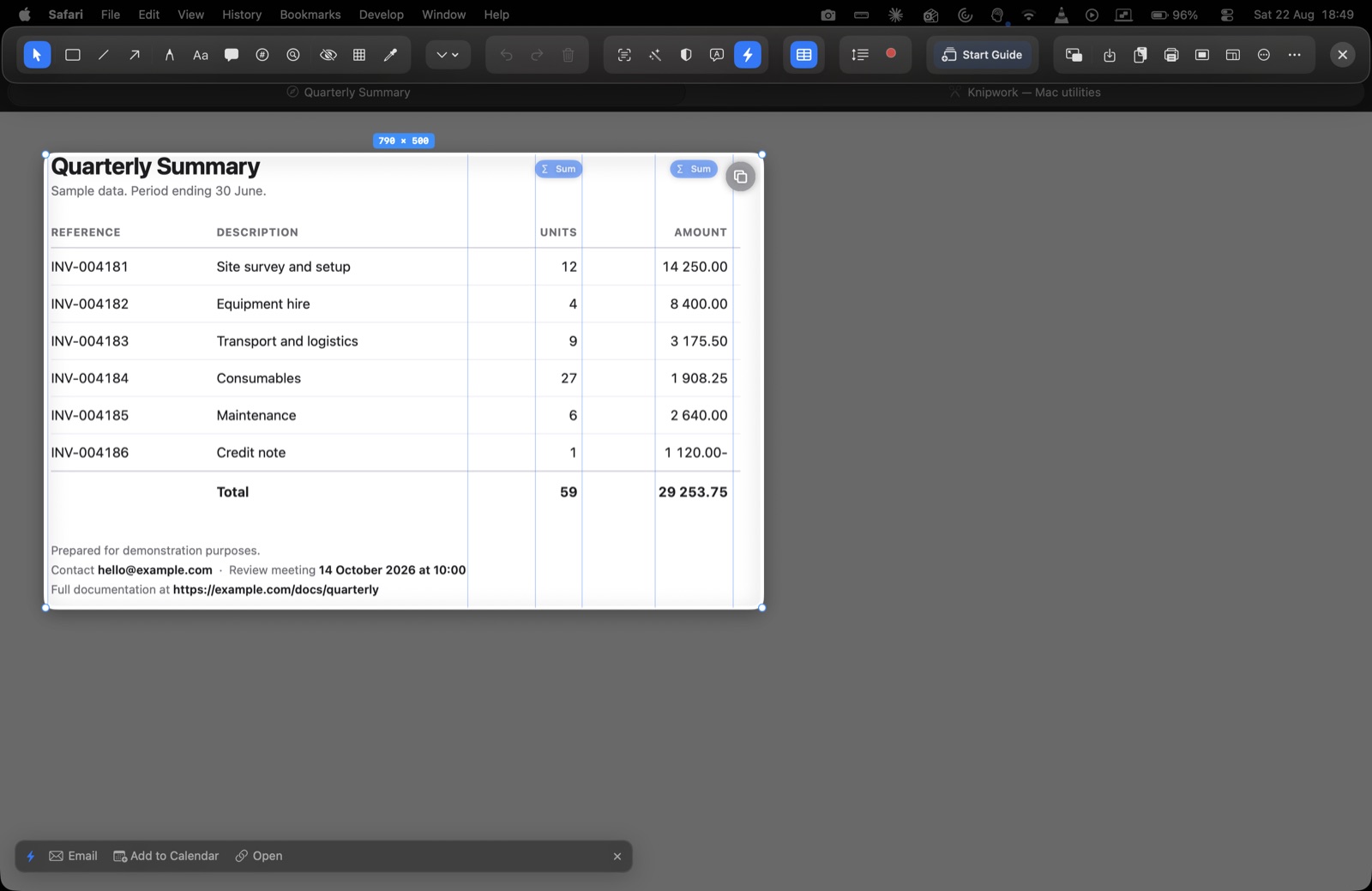 Knipper detecting a table in a screenshot and offering a Sum badge on each numeric column